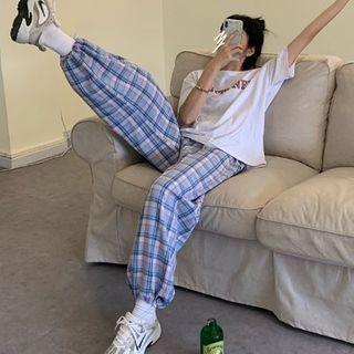 Elbow-sleeve Lettering T-shirt / Plaid Pants