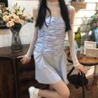 Cold-shoulder Long-sleeve Mesh Top / Spaghetti Strap Mini A-line Dress