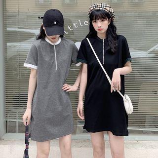 Short-sleeve Half Zip Mini A-line T-shirt Dress