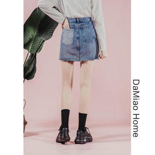 High-waist Colorblock Denim Skirt