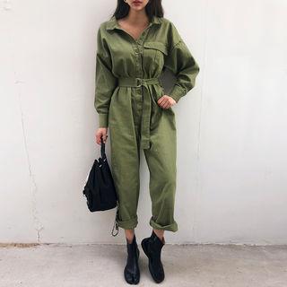Half-placket Pocket-detail Jumpsuit With Sash