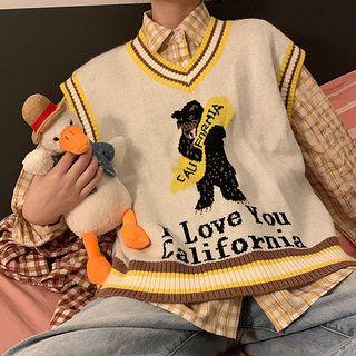 Striped Cartoon Printed Knit Vest / Long-sleeve Plaid Shirt