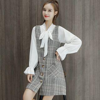 Set: Chiffon Shirt + Mini Plaid Jumper Dress