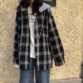 Plaid Button Hoodie Navy Blue - One Size