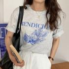 Short-sleeve Print T-shirt Grayish Beige - One Size