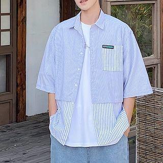 Elbow-sleeve Paneled Striped Shirt