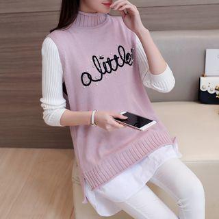 Set: Knit Top + Lettering Mock Neck Knit Vest
