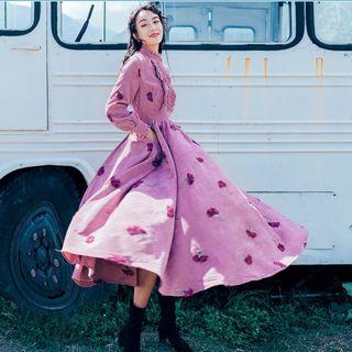 Long-sleeve Embellished Corduroy Midi A-line Dress