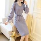 Set: Long-sleeve Knit Midi Dress + Lace Top