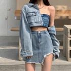 Asymmetrical Denim Mini Pencil Skirt / Denim Jacket / Strapless Top
