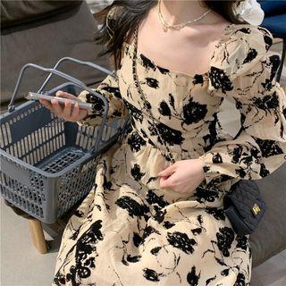 Long-sleeve Print Midi A-line Dress Print - Black & White - One Size