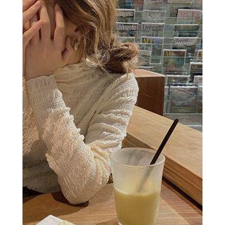 Long-sleeve Mock-neck Mesh Top Beige - One Size