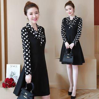 Dotted Print Panel Mock Two Piece Dress