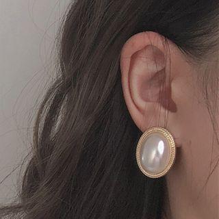 Retro Faux Pearl Earring 1 Pair - Silver Steel Earring - Gold Trim - White - One Size