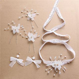 Bridal Set: Lace Headband + Flower Hair Pin + Bow Drop Earring