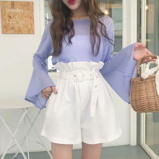 High Waist Wide-leg Shorts/ Long-sleeve T-shirt