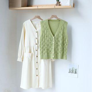 V-neck Pointelle Buttoned Knit Vest / V-neck Long-sleeve Midi A-line Dress