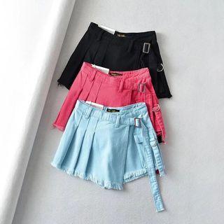 Distressed Hem Mid Rise Belt Asymmetrical Denim Shorts