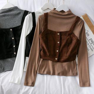 Set: Mock-neck Top + Button-down Vest