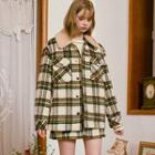 Fleece-collar Quilted Plaid Shirt Jacket Cream - One Size