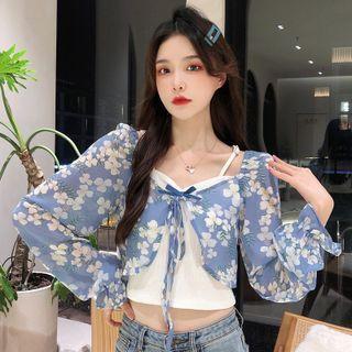 Mock Two-piece Long-sleeve Floral Print Crop Top