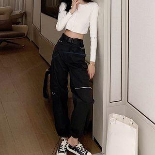 Long-sleeve Cropped Knit Top / Cargo Harem Pants / Belt / Set