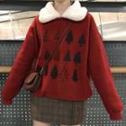 Furry Collar Tree Print Pullover Red - One Size