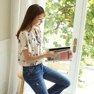 Tie-neck Flare-sleeve Floral Blouse