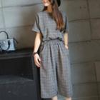 Set: Plaid Short-sleeve Top + Wide-leg Cropped Pants