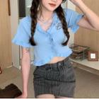 Short-sleeve Bear Embroidered Frill Trim Crop Top