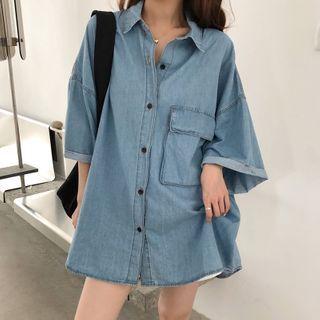 Elbow-sleeve Loose Fit Denim Shirt Blue - One Size