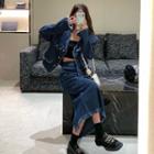 Fringed Trim Tweed Button-up Jacket / Tasseled Midi A-line Skirt