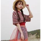 Striped Mesh Panel Elbow-sleeve T-shirt Red - One Size