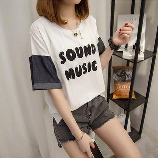Denim Panel Lettering Elbow Sleeve T-shirt