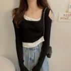 Mock Two-piece Off-shoulder Panel Long-sleeve Top