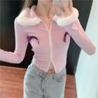 Bow-accent Furry Trim Zip Top Light Purple - One Size