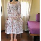 Long-sleeve Floral Midi Dress Floral - White - One Size