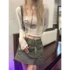 Long-sleeve Print Slim-fit Top / Plain Mini Skirt