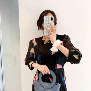 Round-neck Pattern Long Dress Black - One Size