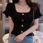 Short-sleeve Square-neck Button Knit Cropped Top
