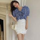 Puff-sleeve Floral Blouse / High-waist Shirred Plain Skirt