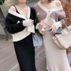 Set: V-neck Cardigan + Spaghetti Strap Midi Dress