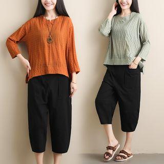Set: 3/4-sleeve Linen Top + Cropped Pants