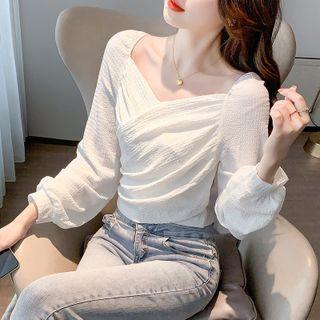 Long-sleeve V-neck Plain Wrap Top