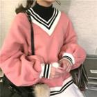 Color-block Loose-fit V-neck Puff-sleeve Pullover