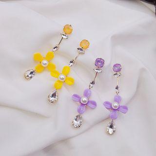 Faux Pearl Rhinestone Flower Dangle Earring A01-52 - Yellow - One Size