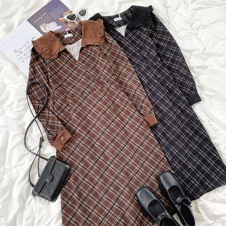 Long-sleeve Ruffle Trim Collar Plaid Midi Dress