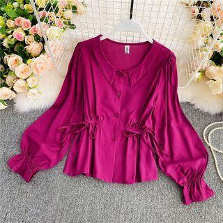 Lapel Drawstring Bell-sleeve Blouse