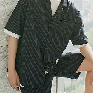 Set: Pinstriped Short-sleeve Shirt + Straight-cut Shorts