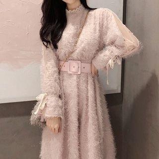 Long-sleeve Mesh Panel Fringed Collar Dress